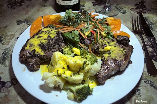 Grilled Marinated Lamb Chop Cauliflower and Broccoli with Special Hollandaise Fresh Green Salad