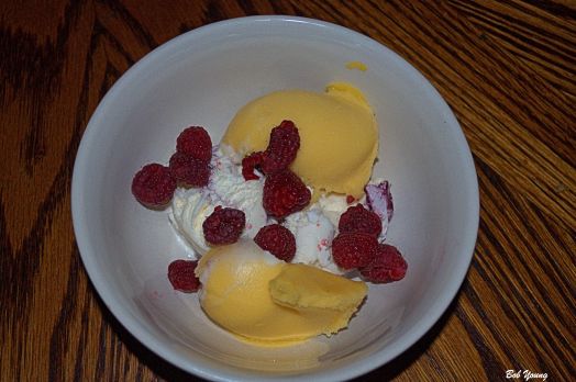 Mountain Huckleberry Ice Cream and Mango Sorbet with Fresh Raspberries