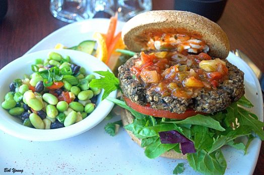 or maybe you would like this Veggie Burger made with goat cheese, mango and peach salsa, spring greens, walnuts and portobello mushrooms. This is almost better than the Mock Tuna. 