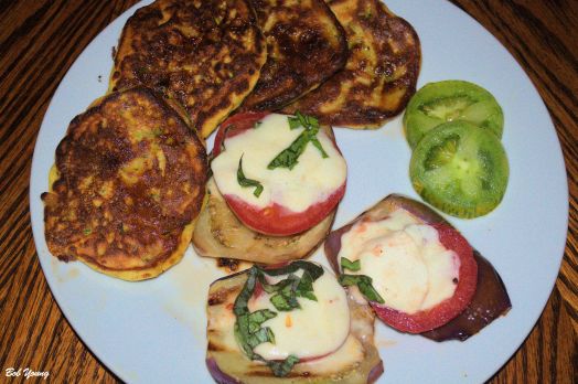 Eggplant Pizza Zucchini Pancakes Sliced Garden Fresh Green Zebra Tomatoes