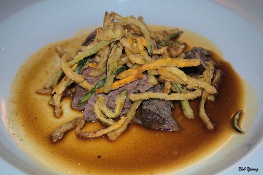 Cinghiale Arrosto Con Rosmarino e Ginepro wild boar with rosemary and juniper, currant sauce, zucchini. Great pairing with the Montalcino wine.