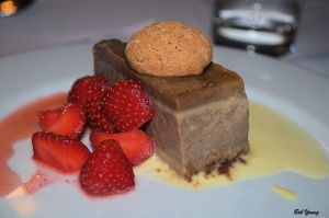Bonet alla Piemontese chocolate-coffee Amaretti terrine, fresh local strawberries. The best I can say about this is, "Is there any more? I want more!"