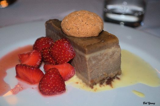 Bonet alla Piemontese chocolate-coffee Amaretti terrine, fresh local strawberries. The best I can say about this is, "Is there any more? I want more!"