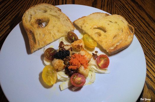 Braised Baby Sea Scallops olive oil, garlic, butter and garlic Fennel and Heirloom Tomatoes olive oil, Sherry vinegar and lemon juice Toasted Acme Bake Shop Sourdough