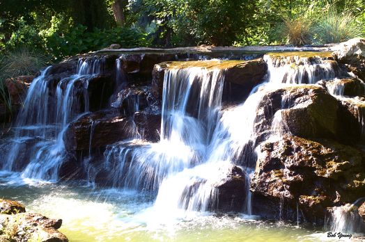 There are waterfalls on both ends of the patio. There is also inside seating.