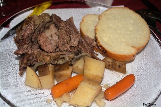 Pot Roast with Potatoes and Carrots 2013 Saviah Creek Jack Syrah 14.1% alc. great bouquet, balance and body. mild finish [18] $16.00 Some servings of the pot roast needed to be cooked longer. They were tough. And again, the carrots and potatoes needed to be cooked a little longer. I missed some gravy with the pot roast.