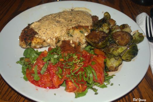 Braised Skinless Chicken Breast with mustard cream sauce Brussel Sprouts with balsamic and blood orange reduction Heirloom Tomatoes with basil threads