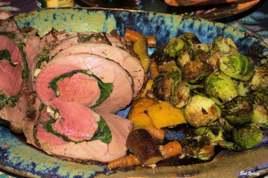 Rolled and Stuffed Bonelessx Leg of Lamg Orange Balsamic Brussels Sprouts Oven Roasted Rosemary and Thyme New Potatoes Oven Roasted Heirloom Carrots