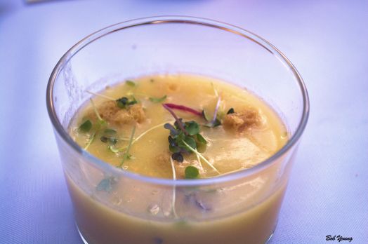 Yellow Tomato Gazpacho heirloom tomatoes brown butter crouton