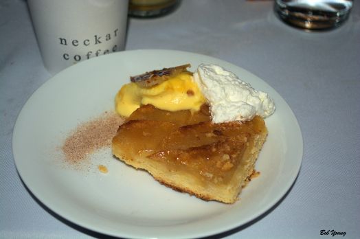 Apple Galette cinnamon custard brulee with fresh grated nutmeg whipped cream