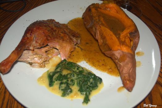 5-Hour Duck Creamed Spinach with Grand Marnier Cream Baked Sweet Potato with Duck Gravy