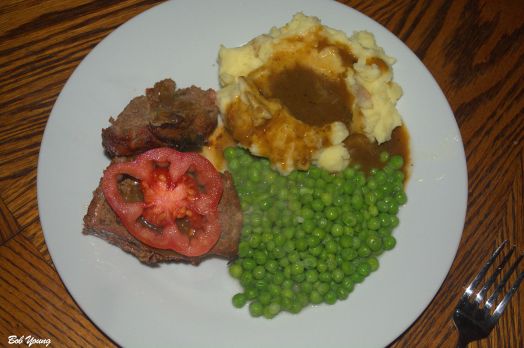 Housemade Meatloaf Mashed Potatoes Gravy Peas Sliced Heirloom Tomato