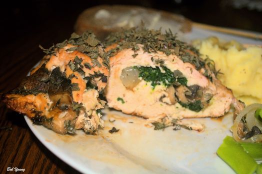 Chicken cut to show the stuffing.