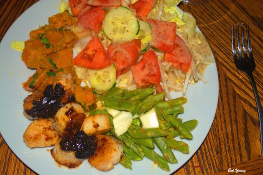 Orange Braised Scallops Sweet Potatoes Green Salad with Bean Sprouts and Cucumber Asparagus 2013 Bedrock Winery Abrente