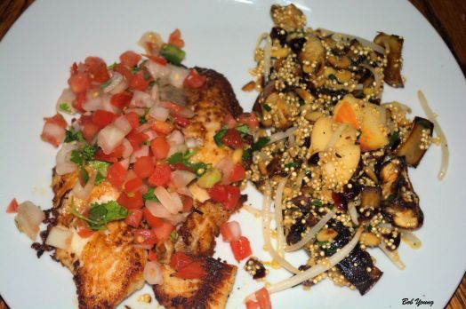 Braised Talapia and Salsa Braised Eggplant and Onion with Quinoa