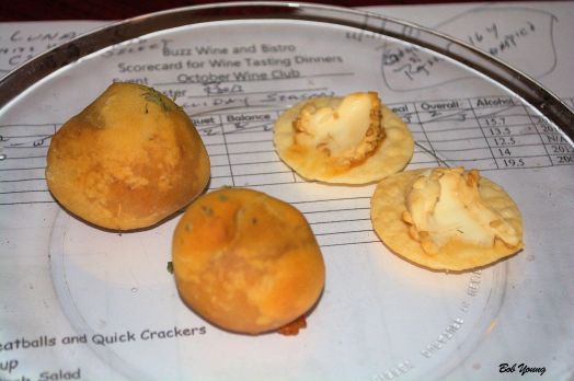 Wrapped Meatballs Quick Crackers A strange appetizer. I don't know what the cheese was. 2012 Koenig Cabernet Sauvignon 15.7% alc. high alcohol sometimes is a distraction. this is not. great with the main course and the meatballs. [19]