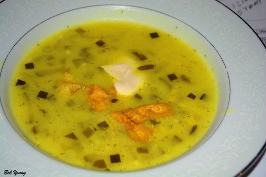 Dill Pickle Soup 2010 Bastile use de Beauvert 13.5% alc. good sparkling wine and pared well with the soup. [17] This is a strange soup, but surprisingly good. 