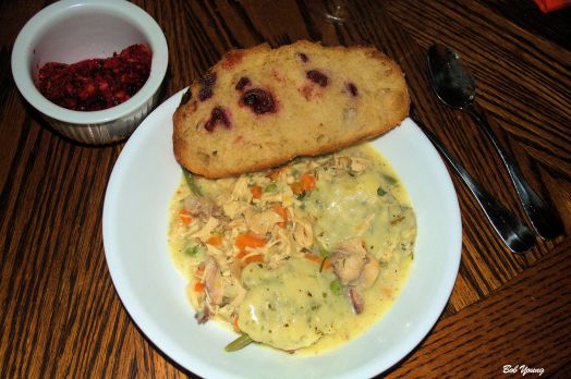 Skillet Chicken and Dumplings Acme Bake Shop Cranberry Sourdough Bread Housemade Cranberry Relish