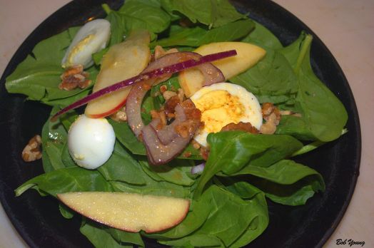 Spinach Salad with Warm Bacon Dressing (Delicious!) 2012 Tangent Albarino 13.5% alc super paring. went especially well with the dressing and the oxalic acid of the spinach. another great paring! [19] $16.00