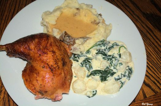 5 Hour Chicken Mashed Potatoes and Gravy Creamed Onions and Spinach