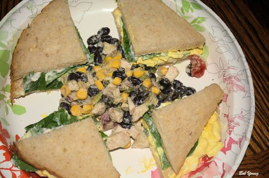 Egg Salad on Sourdough with Water Cress. Corn, Chicken, Avocado and Black Bean Salad.