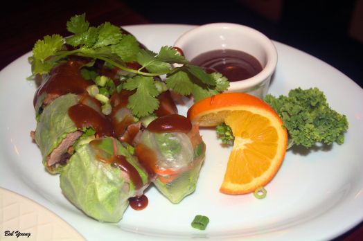 Marinated roasted duck and fresh veggies wrapped rice paper and served with special brown sauce. 4 pieces, $6.95