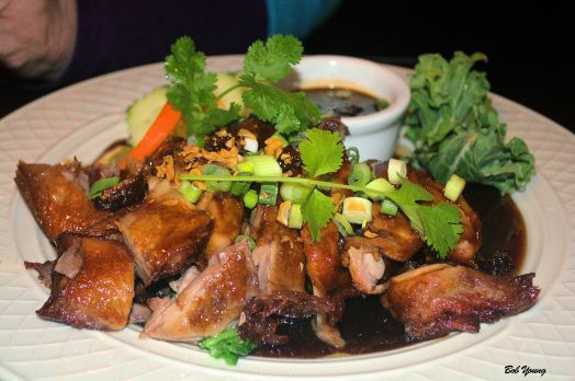 Chef's Special Honey Crispy Duck Half duck marinated sauce and then roasted. Served with special honey sauce on top a bed of vegetables and jalapeno soy on the side.  $13.95