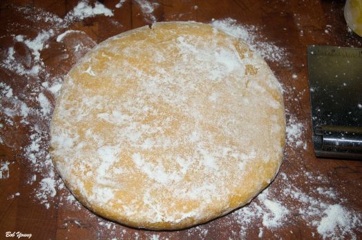 Remove from the refrigerator and flatten out. Flour well. Cut into thirds, or even quarters - I used quarters.