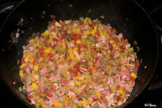 Sofritto cooking for the Bolognese. See the recipe above.