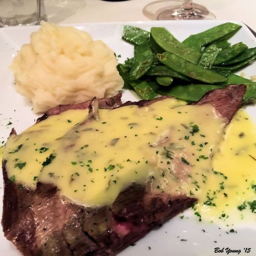 London Broil with Bear garlic mashed potatoes and steamed peas