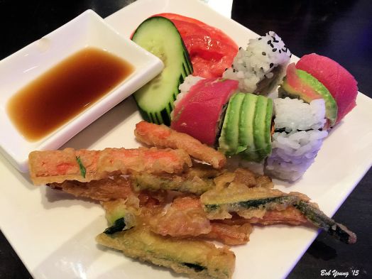Vegetable Tempura, Salad and Sushi