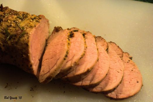 The pork tenderloin has cooled enough to slice it. So juicy and moist and tender. Delicious.