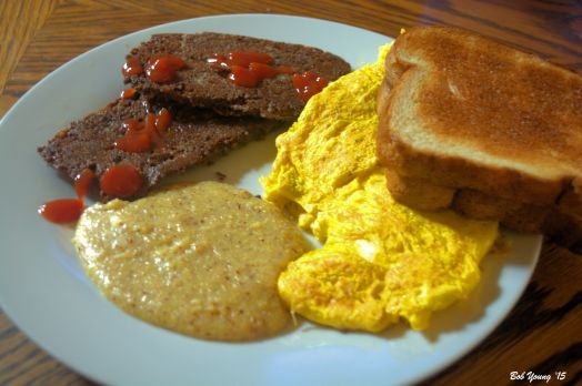 Scrapple with Ketchup Scrambled Idaho Fresh Eggs Fresh Idaho Polenta (Grits) Toast