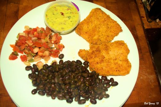 Robin ordered -Black Beans Pico de Gallo Guacamole Fried Polenta Cakes