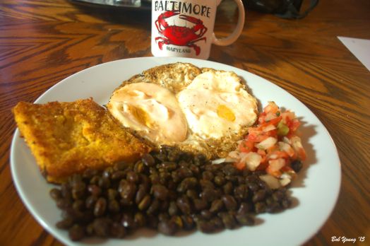 I ordered Black Beans Fried Polenta Cake Jasmine Mock Fried Eggs Pico de Gallo