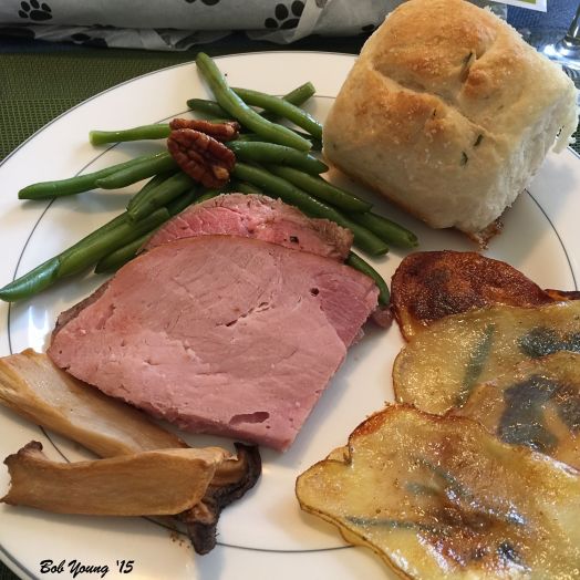 The meal plated. Mac made the rolls - delicious!