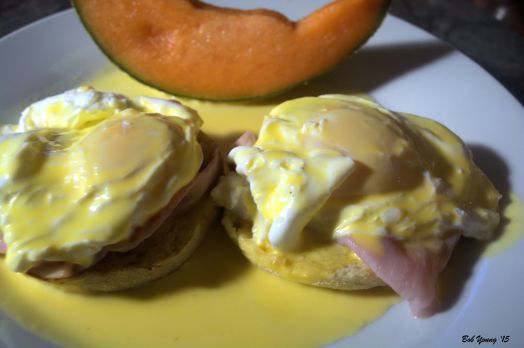 Eggs Benedict Black Forest Ham Toasted English Muffin Housemade Hollandaise Sauce Cantaloupe Wedge