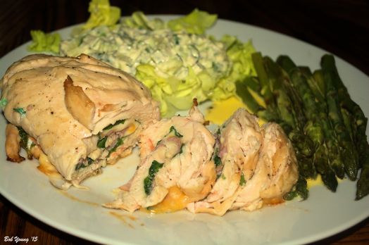 Stuffed and Rolled Chicken Breasts spinach, black forest ham and swiss cheese Avocado and Cucumber Salad Steamed Asparagus with Housemade Hollandaise Sauce