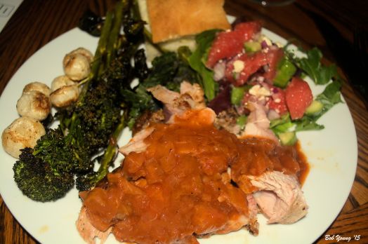 Pork Tenderloin with Rhubarb BBQ Sauce Oven Roasted Baby Broccoli and Turnips Acme Bread Steamed Turnip Greens Watermelon Salad with Feta Cheese 2012 Indian Creek My Best Friend Malbec