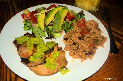 Pork and Sofrito Avocado Tomato Salad Brown Basmati Rice and Black Beans Mango Margaritas 