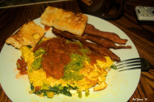 Spinach Omelet with rhubarb red sauce and sofrito Bacon Toasted Focaccia 