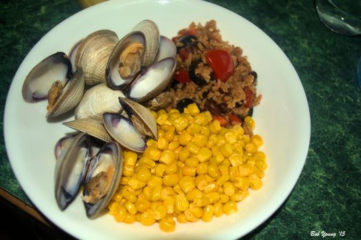 Steamed Clams Buttered Corn Black Olive, Tomato and Brown Basmati Rice Salad