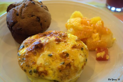 Frittata with Housemade Sausage Chocolate and Raisin Muffin Mixed Fruit