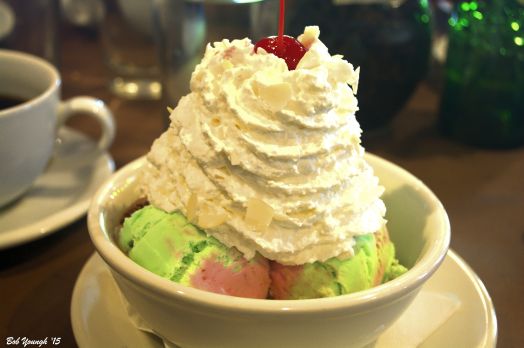 Spumonti - Chocolate, Pistachio and Strawberry ice cream. Maraschino cherry juice in the bottom.