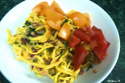 Spaghetti Carbonara made from the pasta dough we made. Except for the pancetta, most of the other ingredients are all from the Boise Farmers Market./