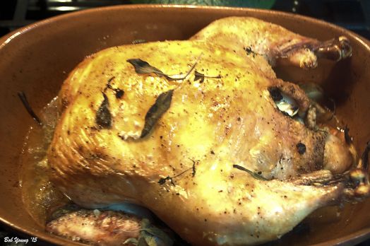 The 6# chicken is resting after cooking. Stuffed with garlic - a whole bulb cut in half - onion quartered, thyme, rosemary, sage, sea salt and Tellicherry pepper.