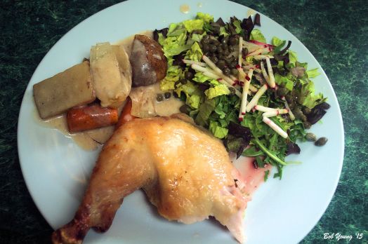 Römertopf Chicken Roasted Potatoes,  Onion and Carrot Drippings Gravy Green Arugula and Black Leaf Lettuce with capers, radish sticks Olive Oil, Lime Zest and Juice and Honey Dressing 