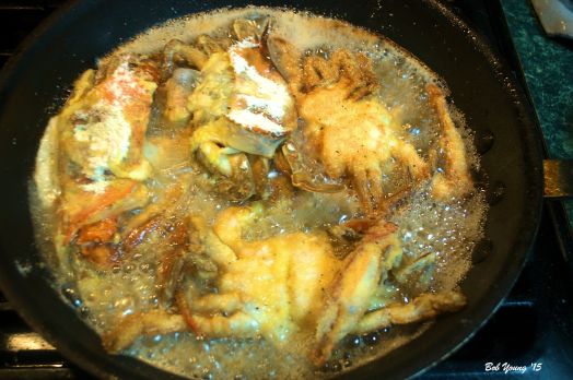 Frying the crabs for 4 minutes on each side in 350 degree vegetable oil, Crisco. Dredge before cooking in 2 Meadowlark Farms eggs with a splash of milk. Beat the eggs. Flour -  1/2 c All Purpose Flour, 1/2 c Corn meal, 1 1/2 T Old Bay Seasoning and Salt and fresh ground Tellicherry Black Pepper. Stir to mix. Dredge crabs in eggs, then in flour mixture. Fry.