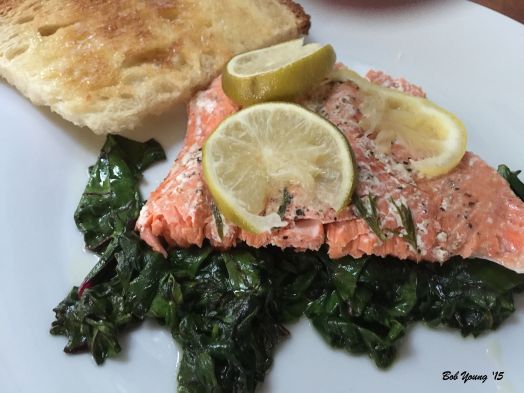 Copper River salmon plated with Steamed Beet, Spinach and Red Chard Greens. Add some toasted Basque bread and you've got a Heavenly dinner.