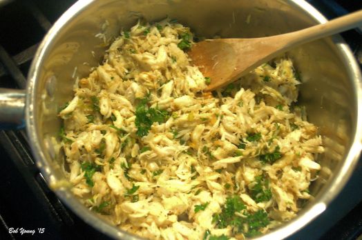 Mix the crab mixture with the cooked green onion/garlic scape mixture.